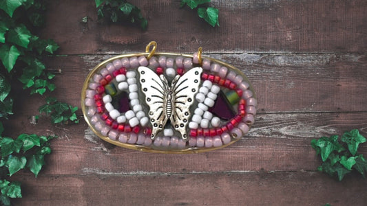 Assemblage art mosaic butterfly necklace pendant  - handmade of upcycled and mixed materials