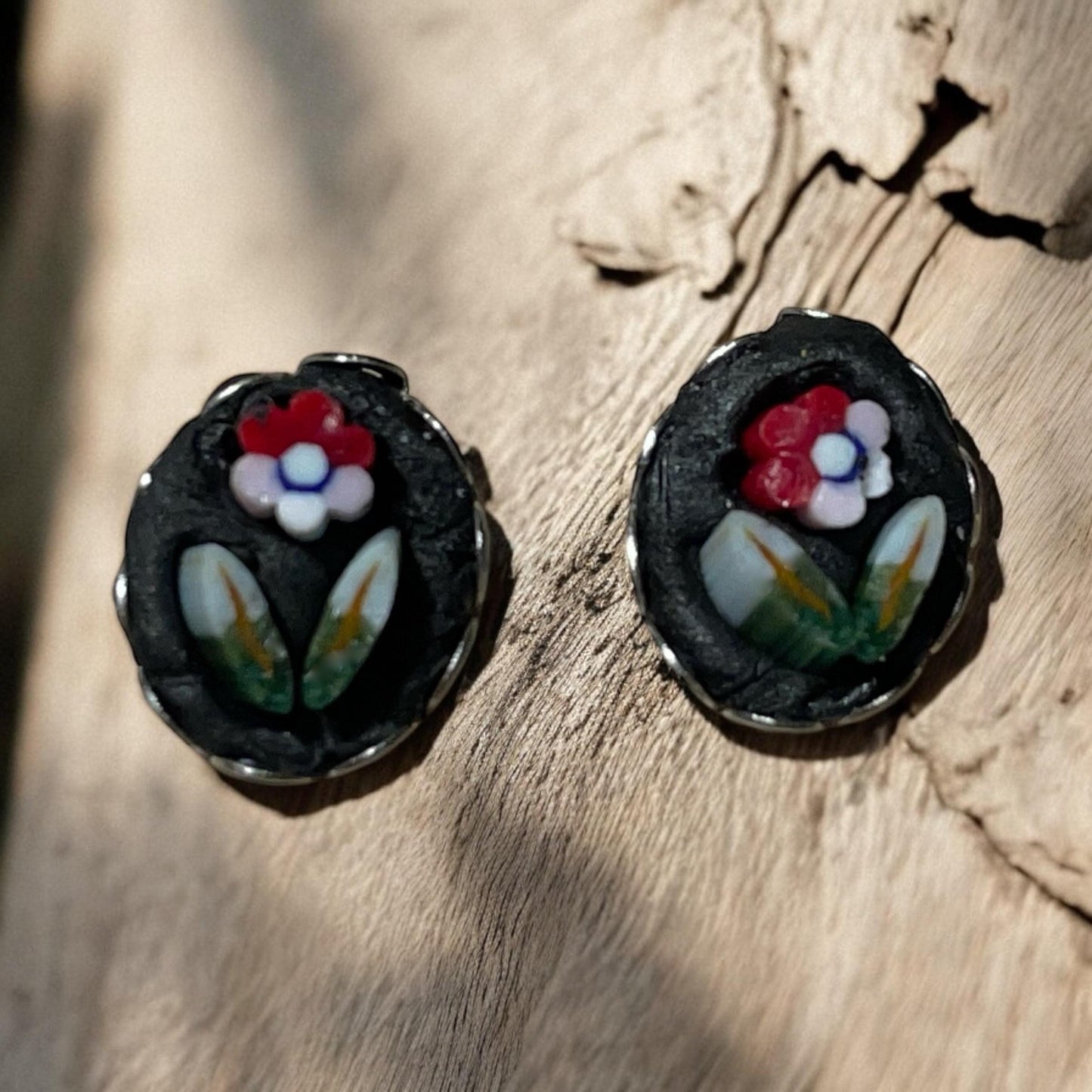 Italian Micro Mosaic Stud Earrings, Glass Flower Design (Sterling Silver)