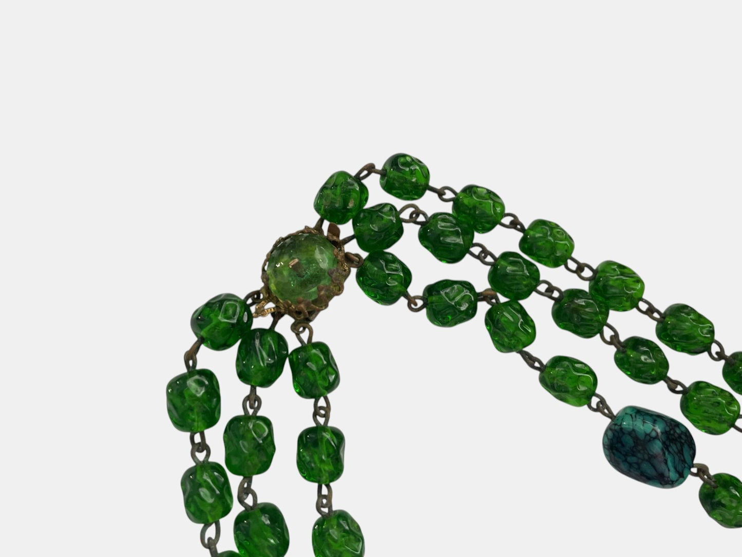 Vintage Emerald Green Glass Necklace, 3 Strand Art Deco Style Statement Necklace, Foil Glass & Turquoise Look Synthetic Beads