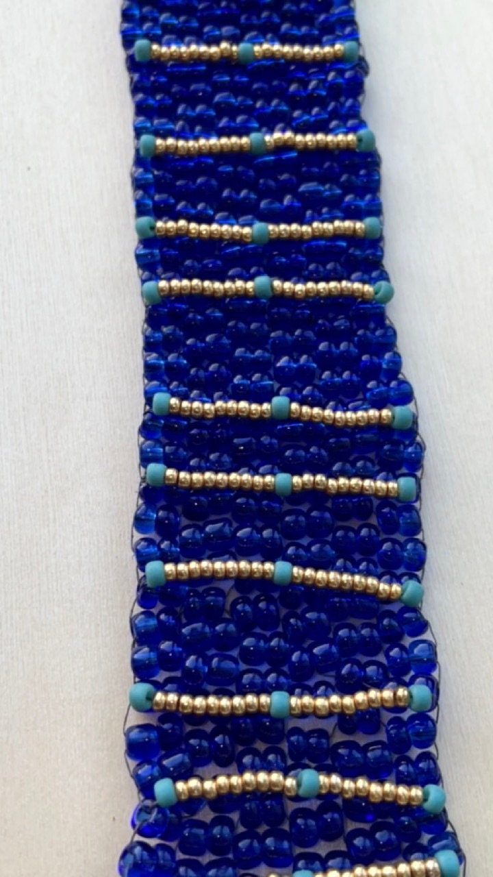 Stunning vintage royal blue, turquoise and gold handmade bead woven vintage beadwork bracelet