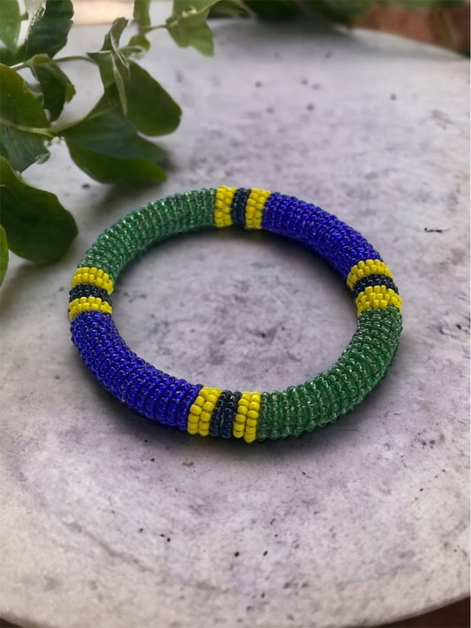 Mixed colors vintage African beadwork bangle bracelet - blue, yellow and green