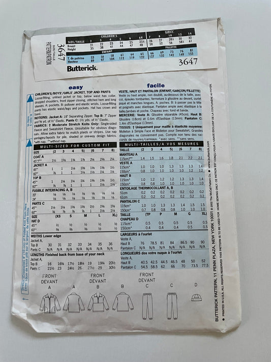 RARE UNCUT vintage Sewing Pattern - Butterick 3647 - Childs Jacket, Top and Pants, Hat, Stretch Knits, Boys and Girls, Sizes 6, 7 and 8