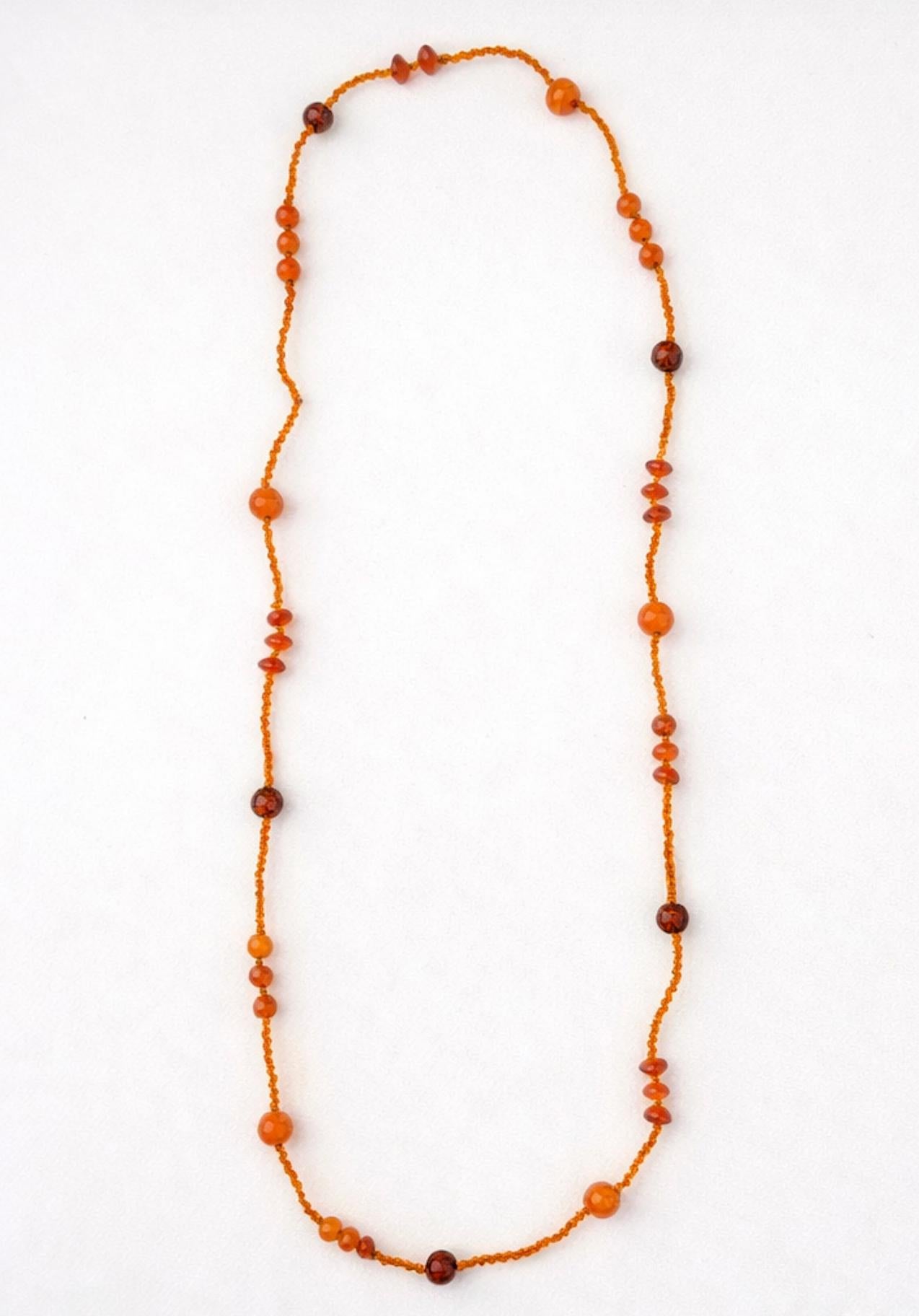 Vintage Orange Glass Bead Necklace – Long 3 Strand Beaded Statement Necklace – Amber Tone Layered Retro Jewelry