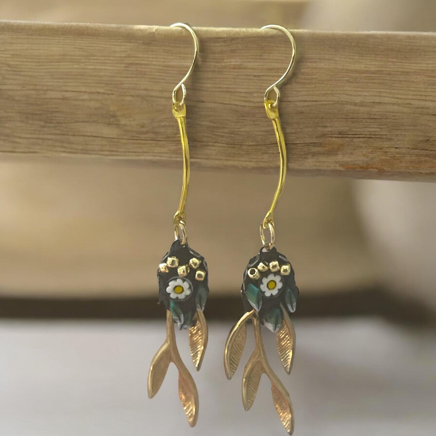 Handmade micro mosaic with gold leaves - long dangle earrings