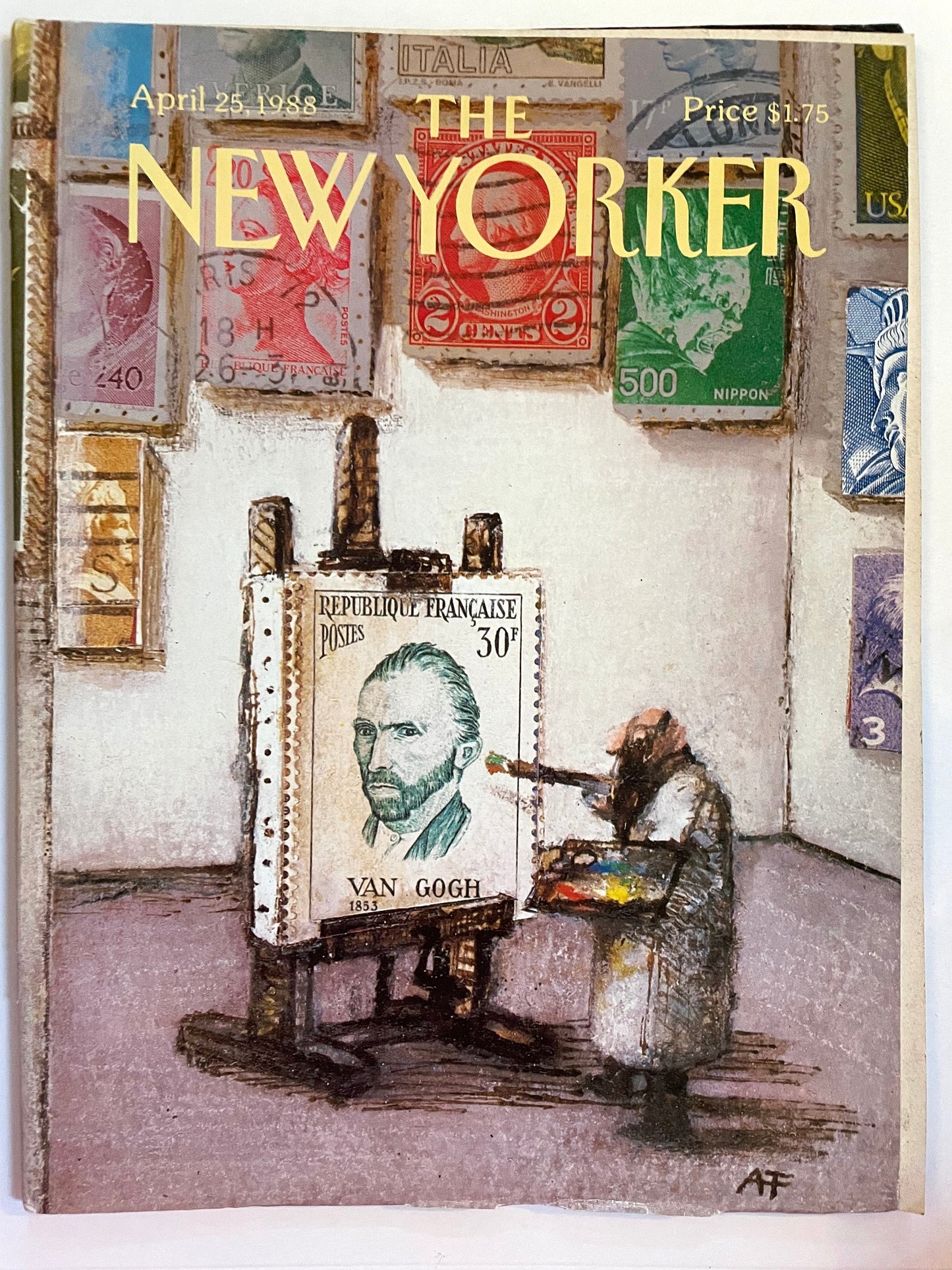 April 25, 1988 - COMPLETE ISSUE of The New Yorker Magazine - artist painting a stamp of Van Gogh