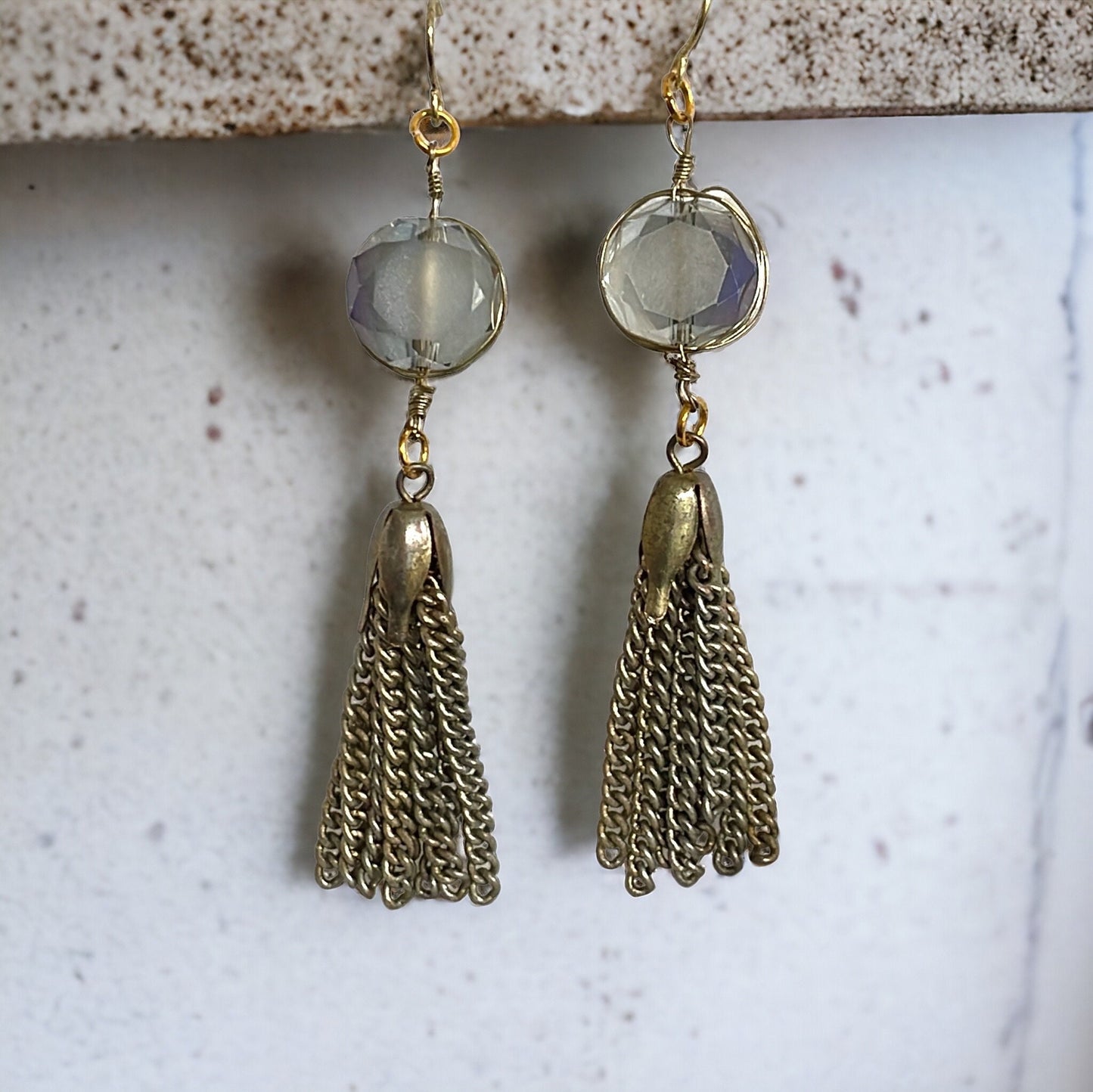Beveled silvery blue glass and metal tassel handmade earrings