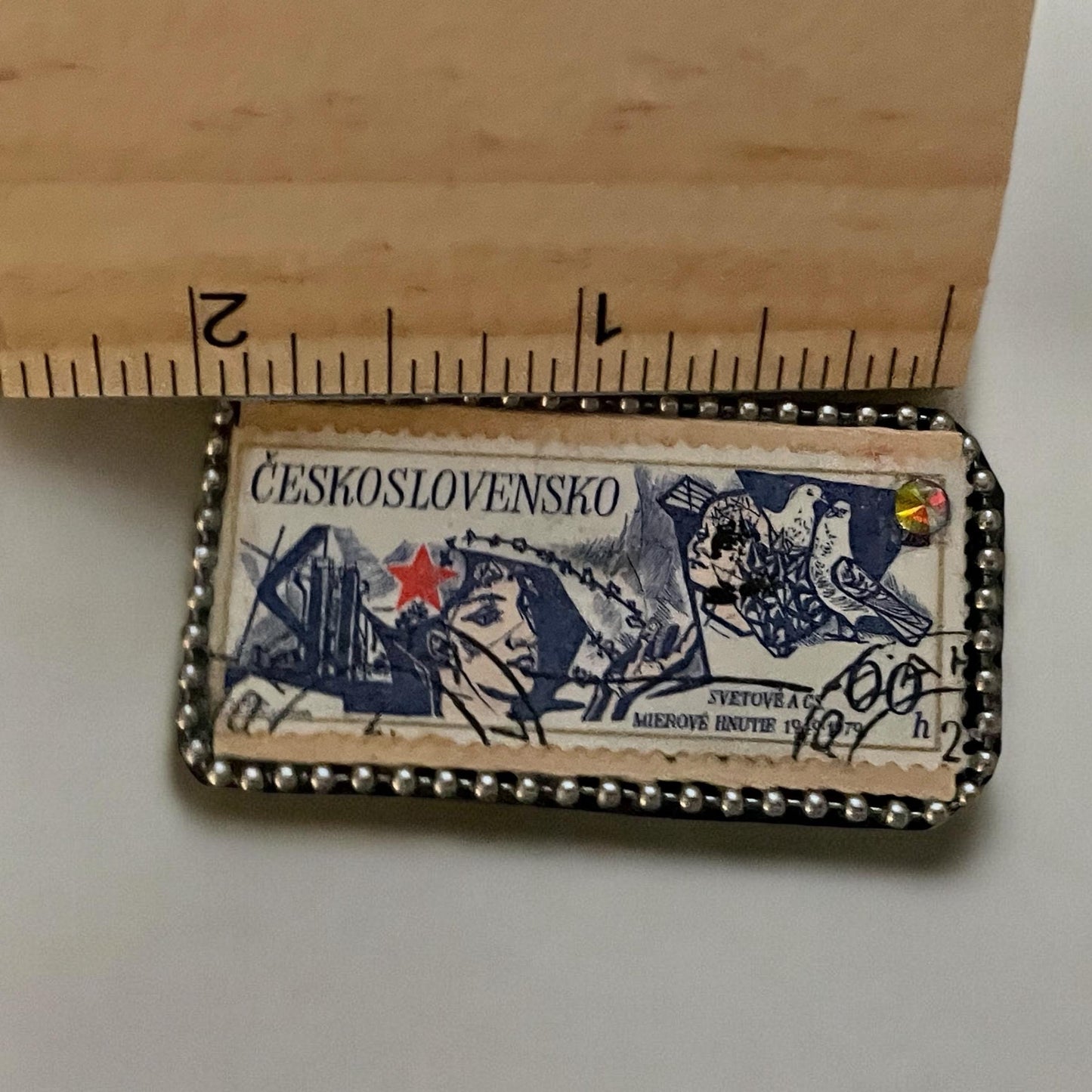 Pin or necklace pendant hand made from genuine vintage and antique postage stamps from around the world - Ceskoslovensko