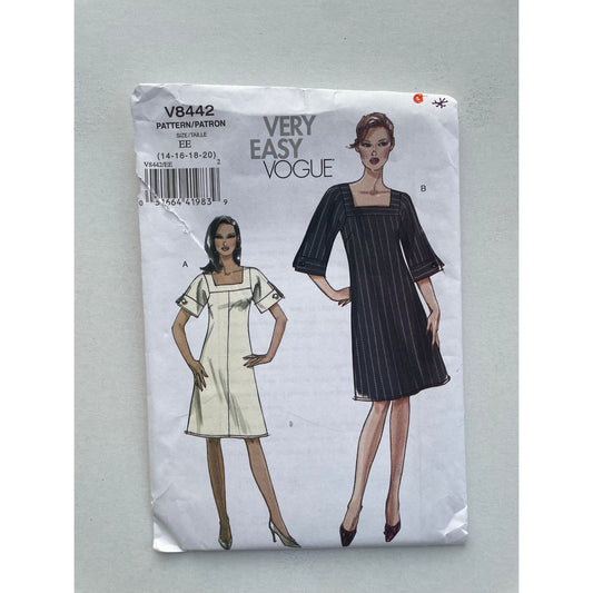 UNCUT Sewing Pattern - Vogue 8442 Misses/Petite A-line Lined Dress, mid-knee, short or elbow sleeves, sizes 14-16-18-20