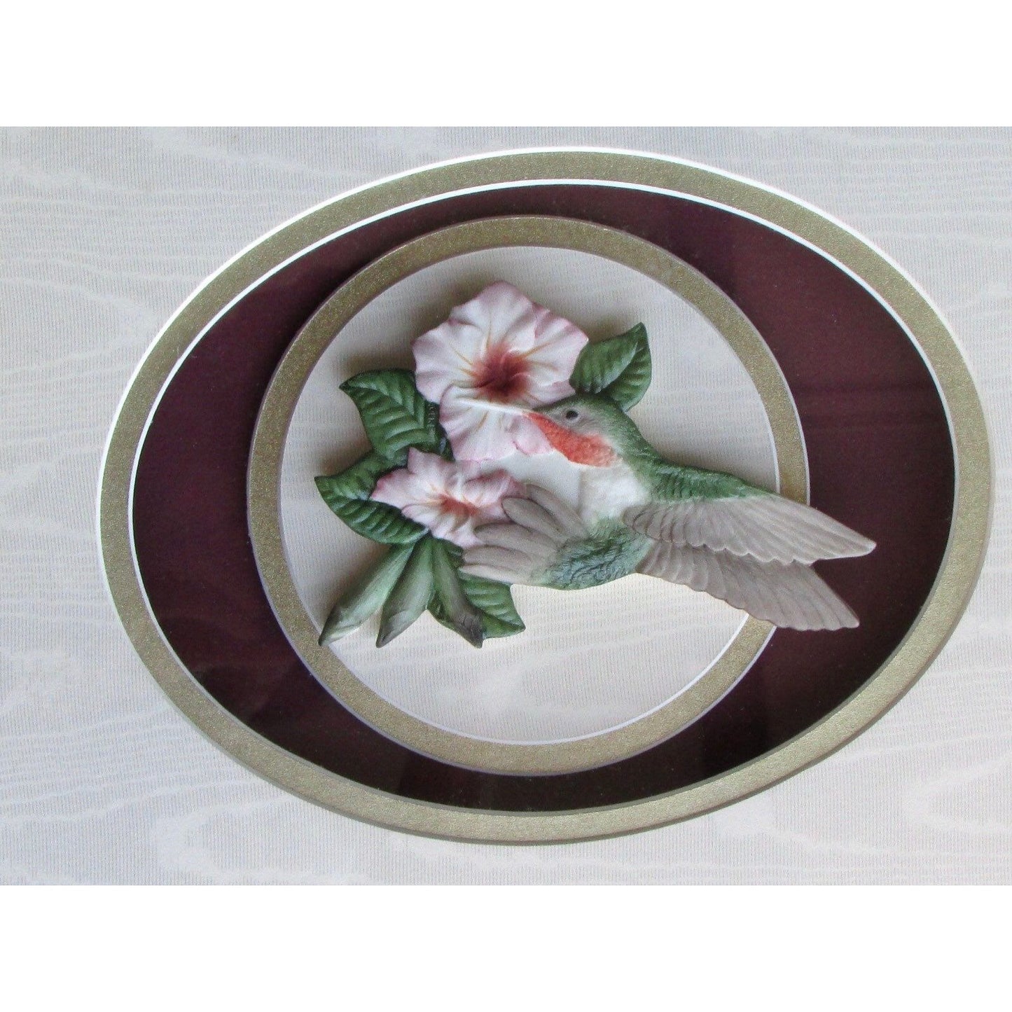 Handmade & framed vintage porcelain hummingbird sculpture by renowned sculptor Ron Goeke