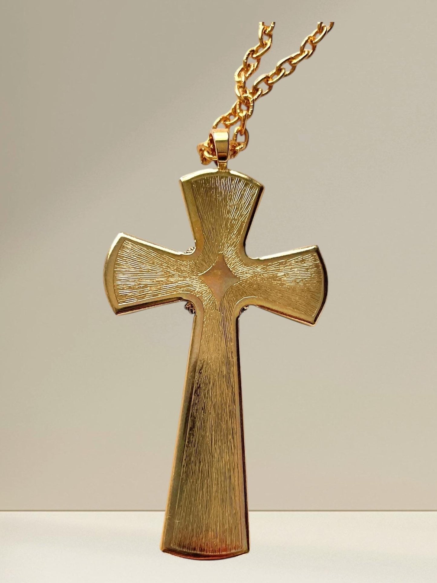 Vintage Avon Green Enamel Cross Pendant Necklace, Gold-Tone Chain, 1980s Avon Jewelry, Religious Statement Necklace
