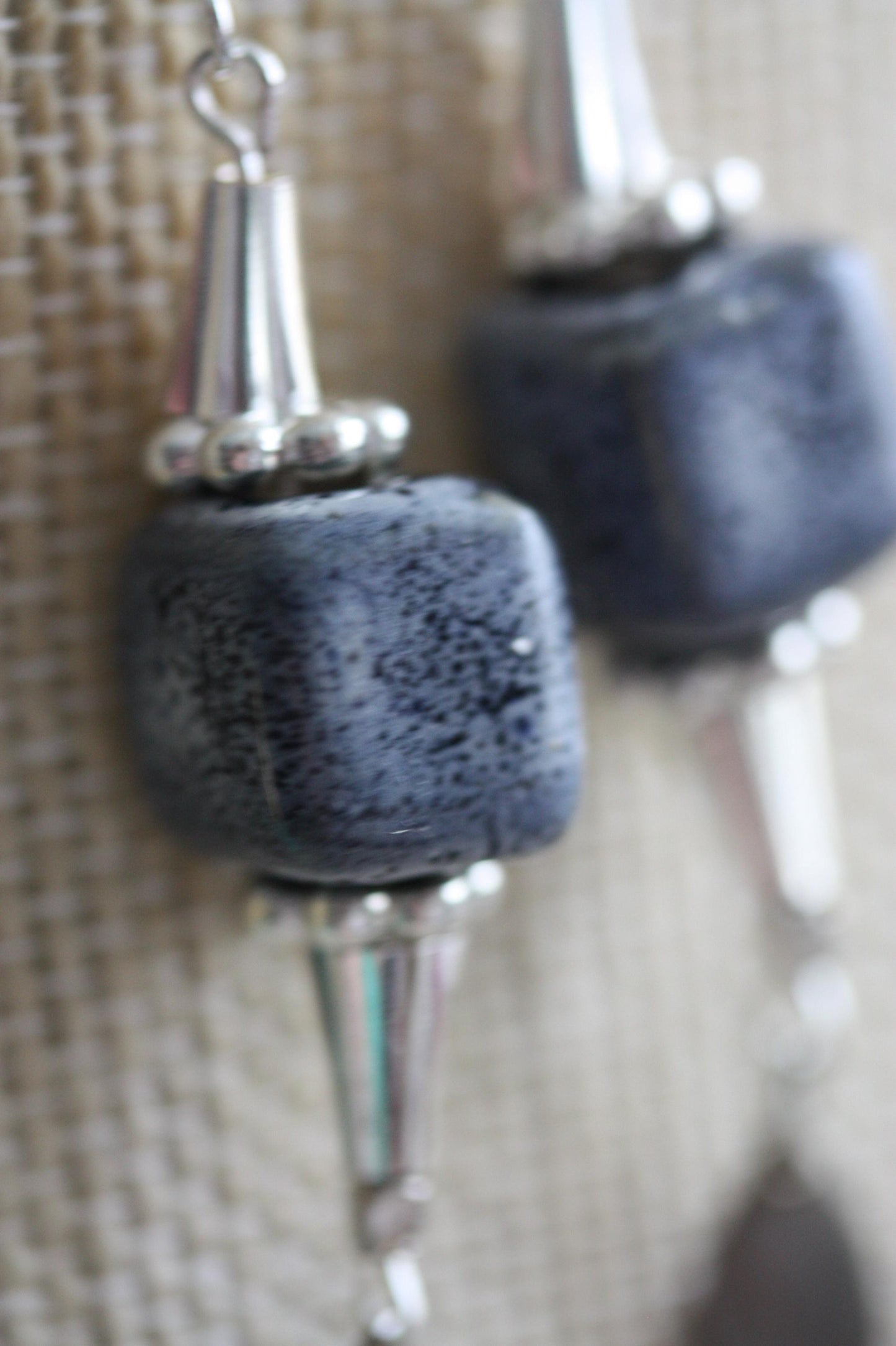 Speckled blue clay pottery cube with metal cones and dangles - 2 and one-half" long earrings