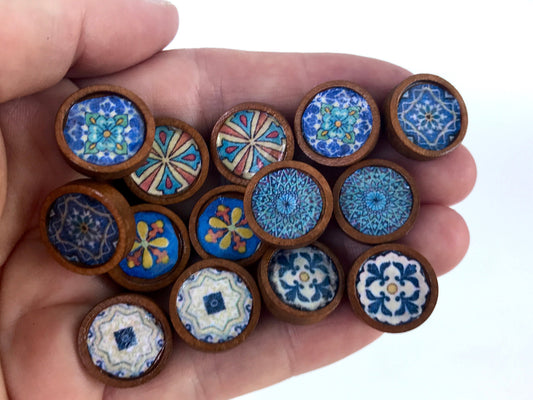 One pair of wooden stud earrings with faux tile inspired by Morocco, Italy and Portugal - 12mm round