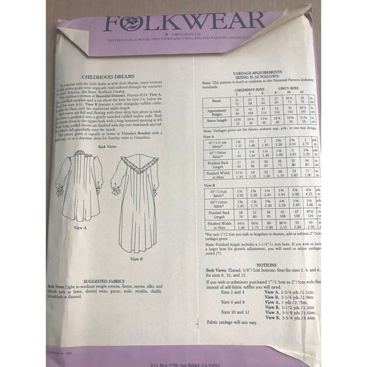 RARE Folkwear sewing pattern #225 - uncut - Sewing Pattern - Childhood Dreams