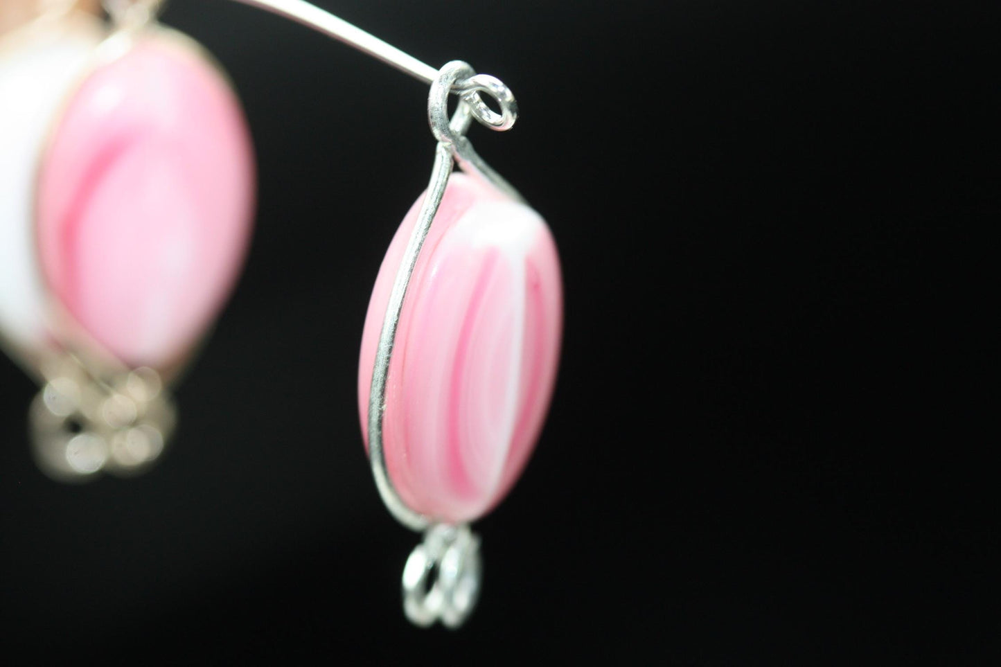 Unique pink and white swirled art glass beads - with wires