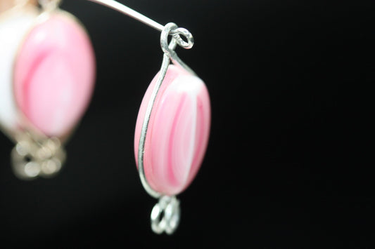 Unique pink and white swirled art glass beads - with wires
