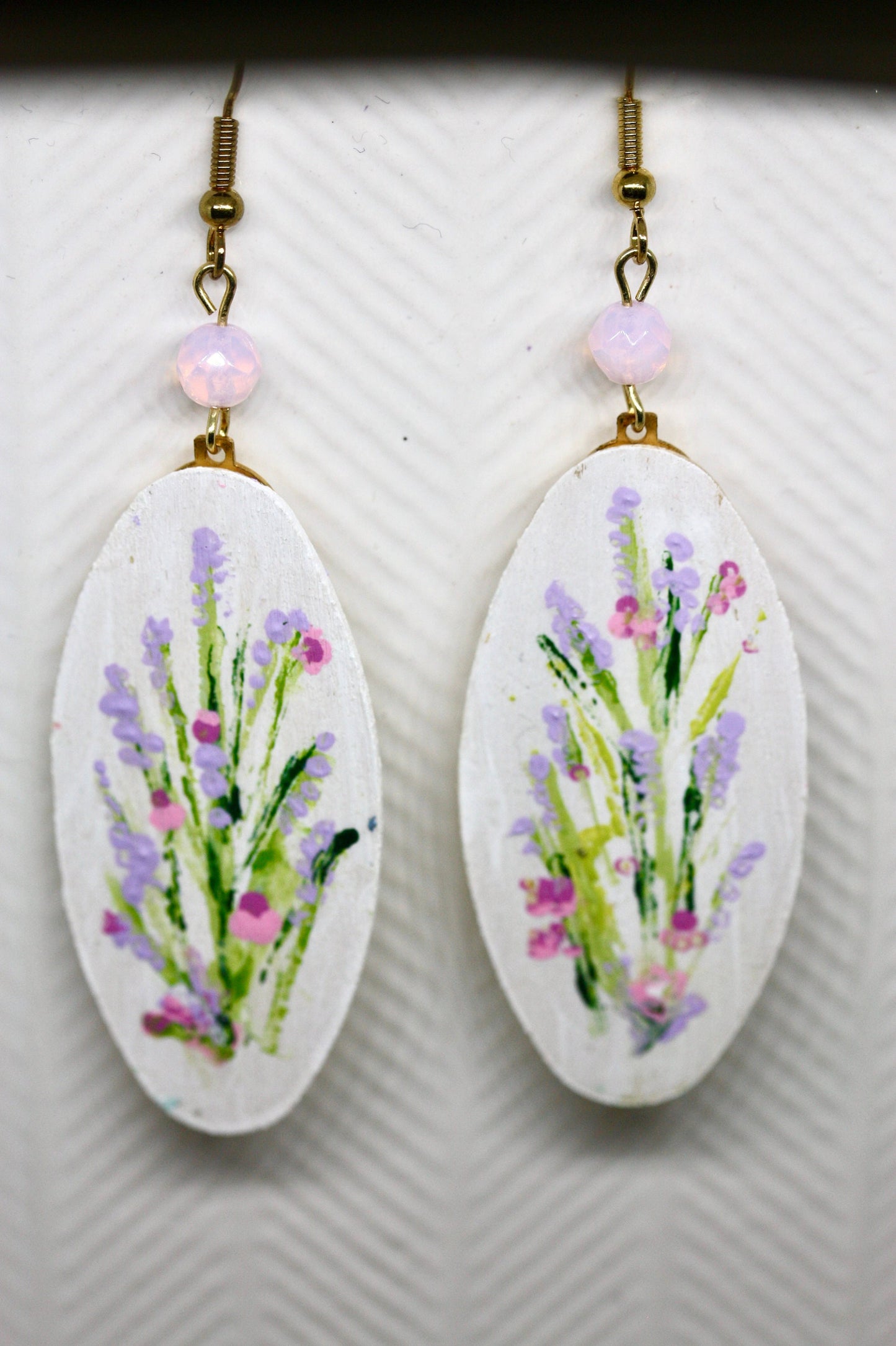 My original handpainted oval wood earrings with bead trim