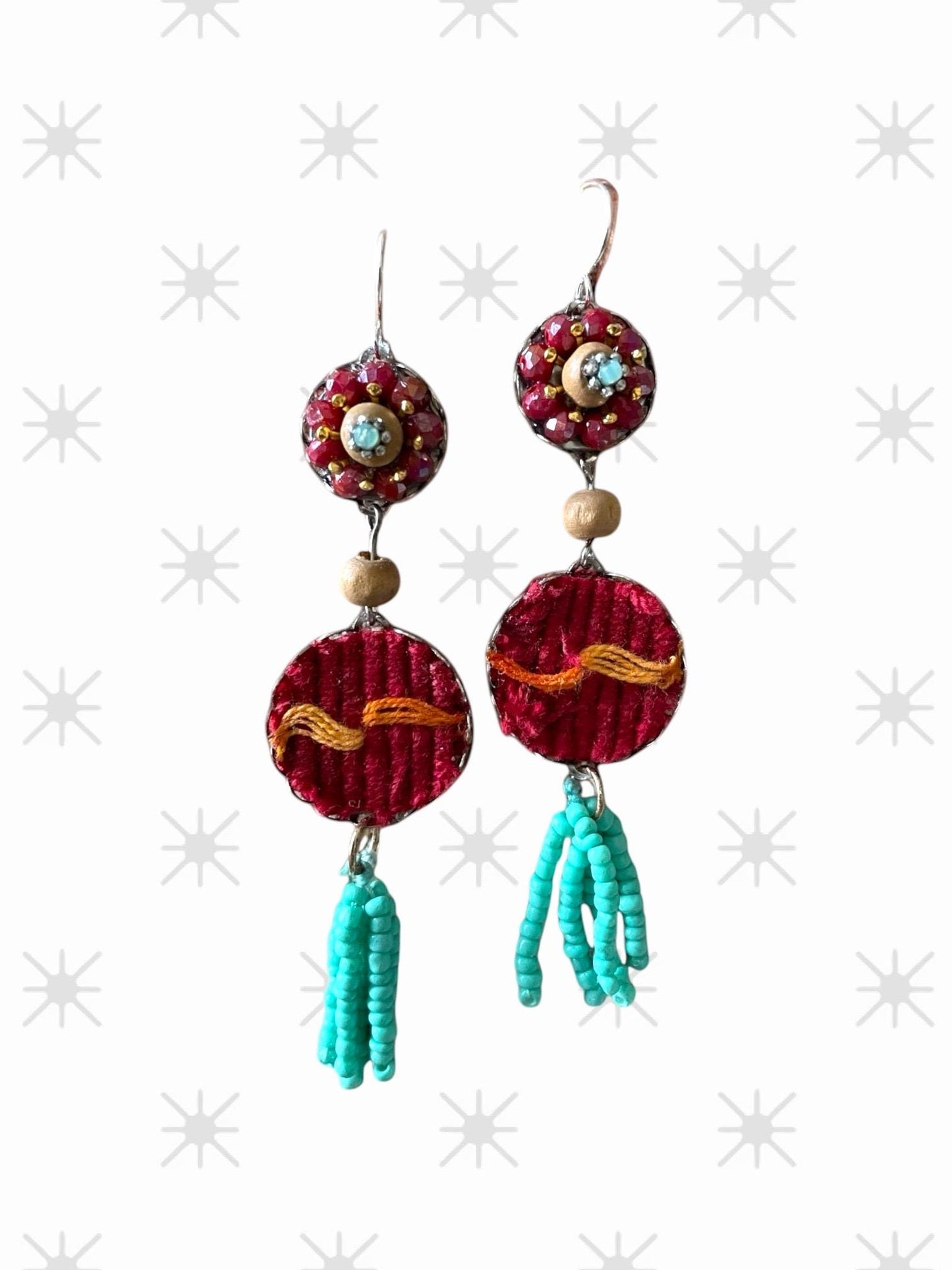 Collage earrings - "Red Sky" - fabric, wood, mixed metals, glass seed beads - sterling silver ear wires
