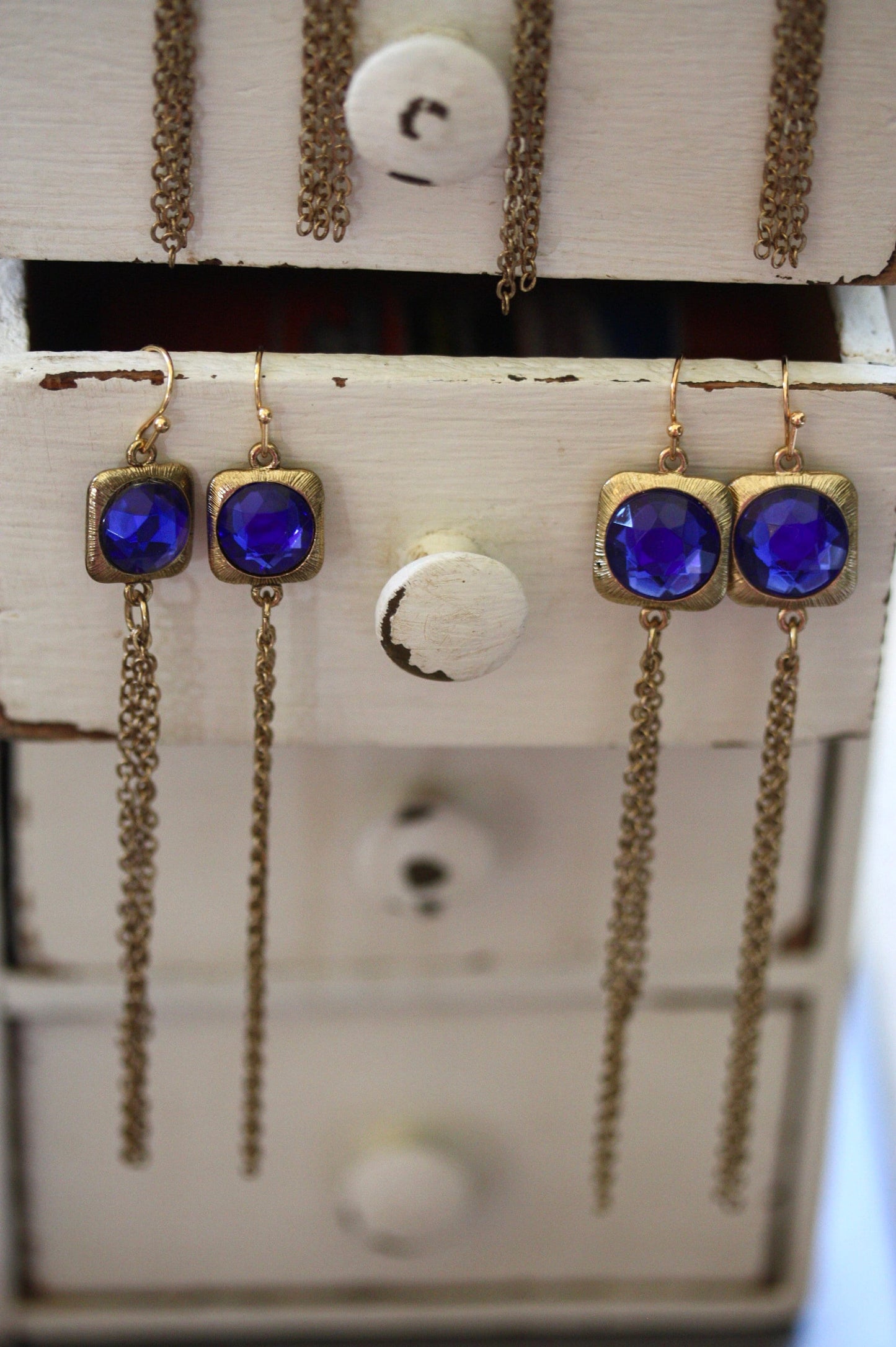 Super long 4-inch royal blue rhinestone and metal tassel dangle earrings
