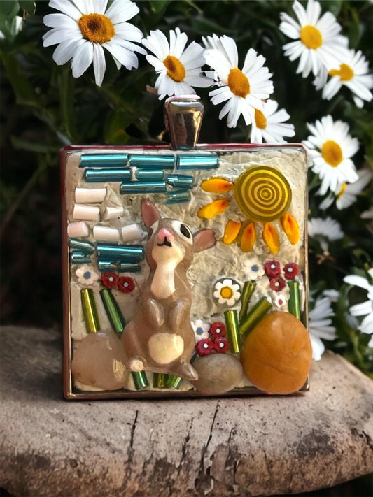 Micro Mosaic Pendant: Bone China Rabbit with Beach Flowers (1.5 inch)