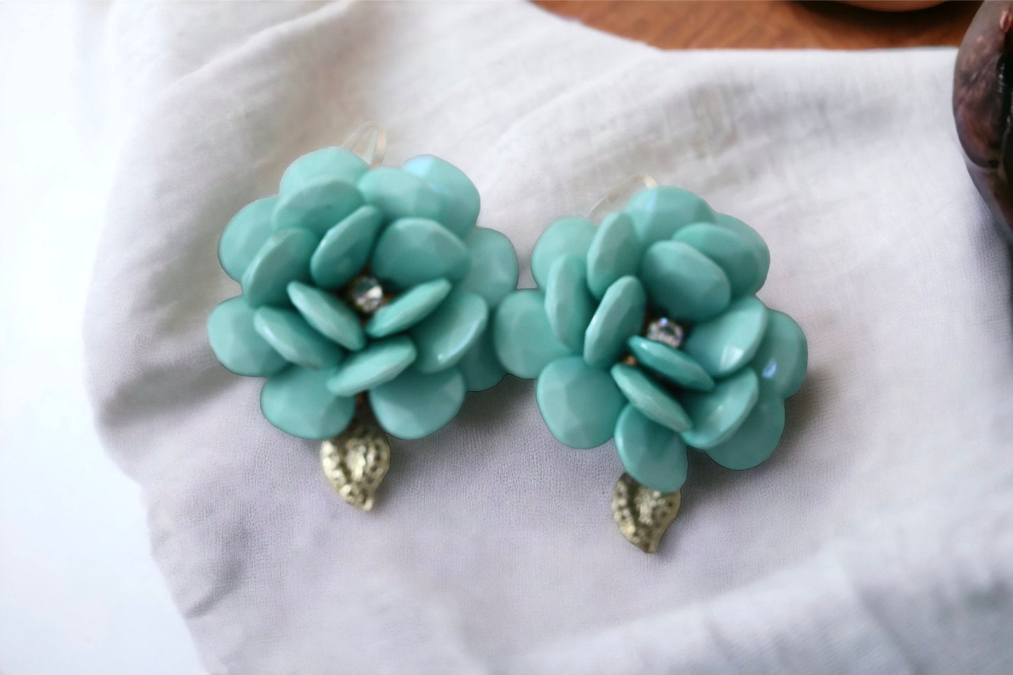 Fun large beaded turquoise flower earrings with goldtone dangle leaves - upcycled, statement earrings