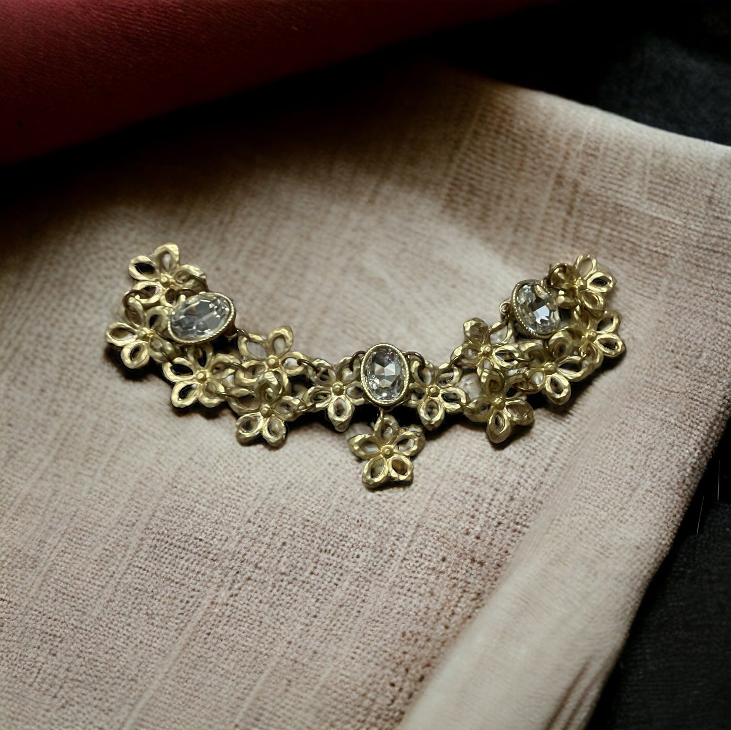 Mixed material upcycled hair accessory - hair clip - gold metal flowers and rhinestones