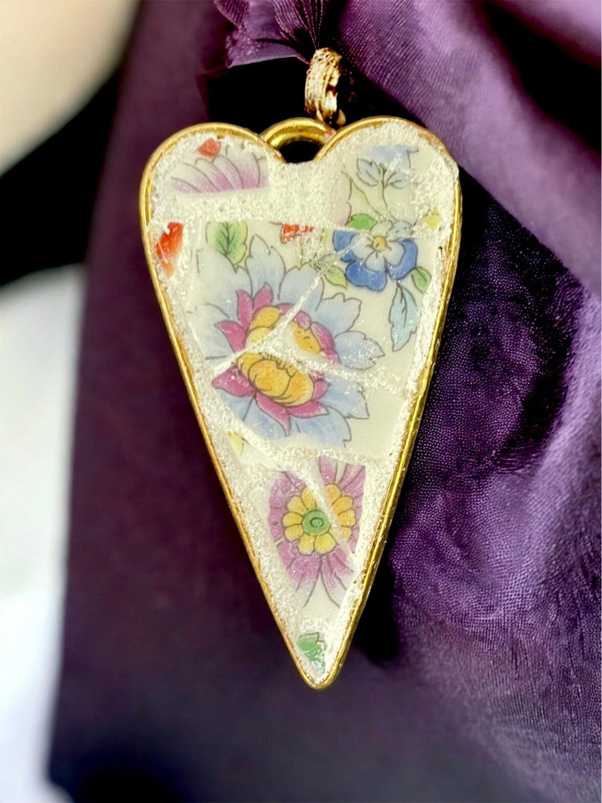 My handmade mosaic heart necklace - made from hand cut pieces of a broken vintage dish
