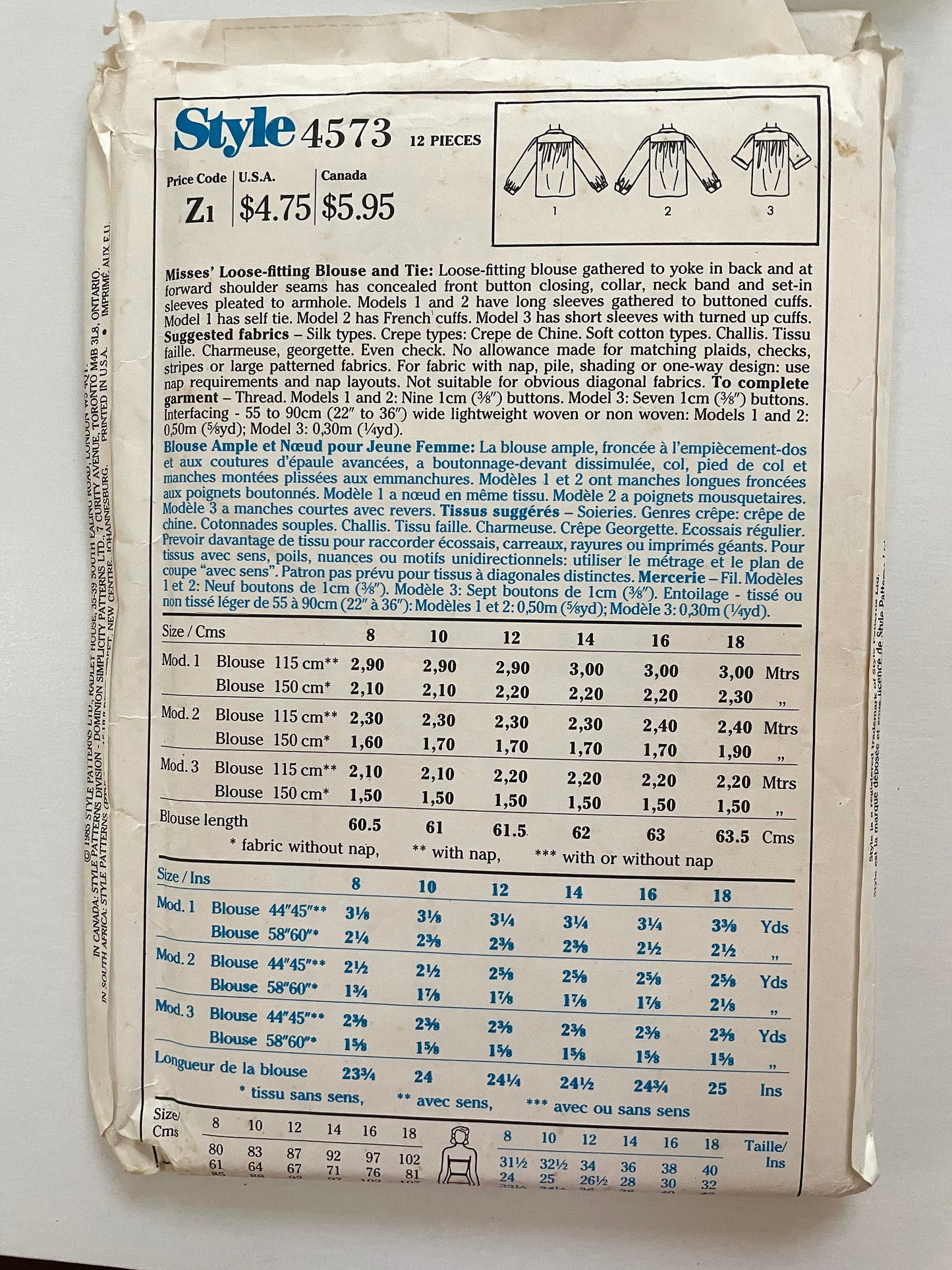 UNCUT vintage Sewing Pattern - Style Pattern 4573 - Ladies Shirt Blouse Concealed Buttons tie neck Size  18 UNCUT