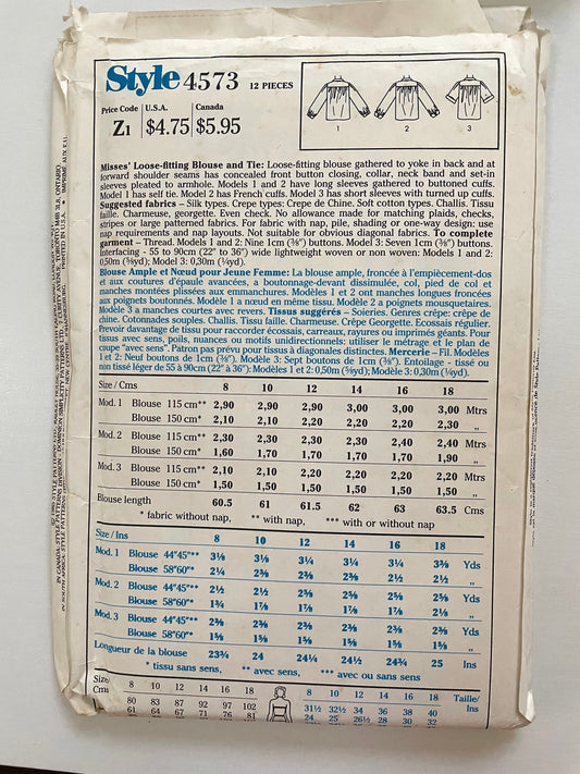 UNCUT vintage Sewing Pattern - Style Pattern 4573 - Ladies Shirt Blouse Concealed Buttons tie neck Size  18 UNCUT