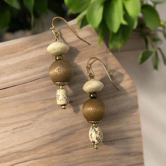 Wood, marble and glass dangle earrings
