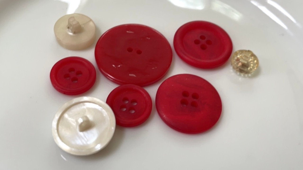 Button mix lot - red and white vintage buttons - rhinestones, pearlescent, etched, etc. various sizes and materials