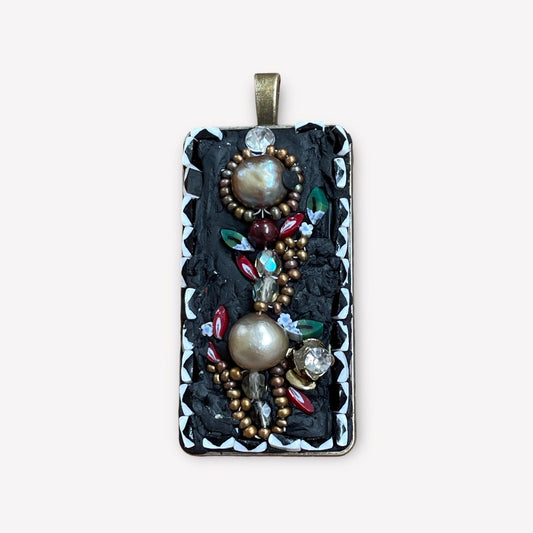 Handmade mixed material floral mosaic necklace - made with inlaid pearls, beadwork, hand cut millefiori glass and crystals.