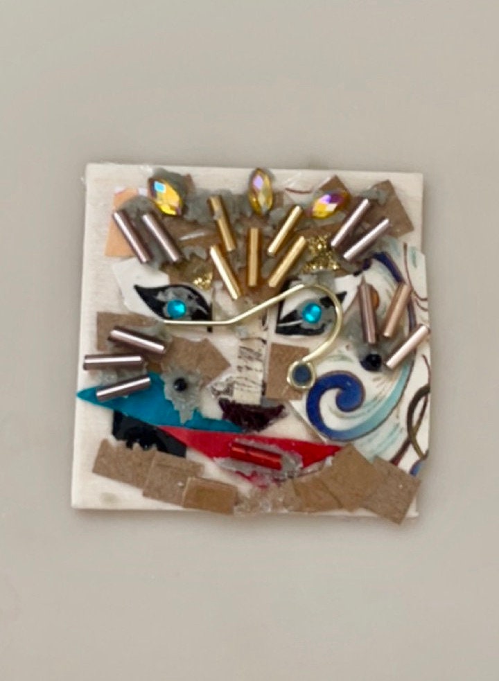 Meet "Lia the Lion" - Assemblage art / mixed media collage, mosaic - magnet, pin, necklace pendant or Christmas ornament