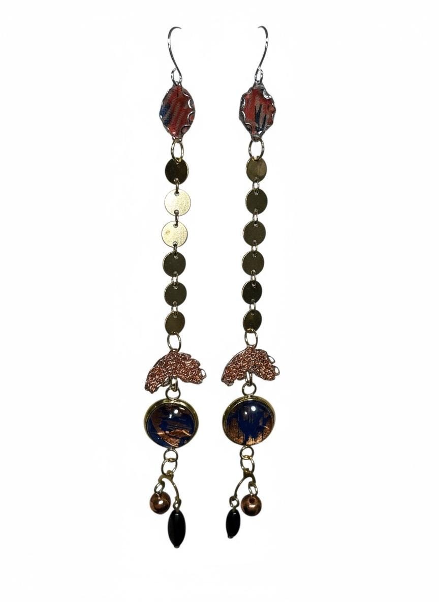 Handmade Long Boho Dangle Earrings – Mixed Metal & Fabric Statement Earrings, Artistic Drop Jewelry with Beads, Modern Design - "Red Sky"