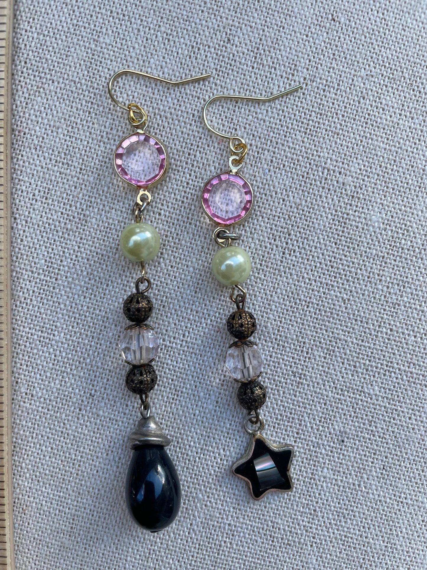 Unique long dangle earrings made with new and vintage materials - pink crystals, faux pearls, metal filigree, sterling silver abalone dangle