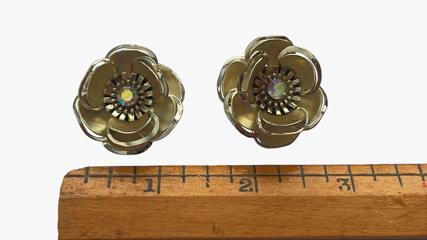 Vintage Gold Flower Clip-On Earrings with Aurora Borealis Rhinestone Centers