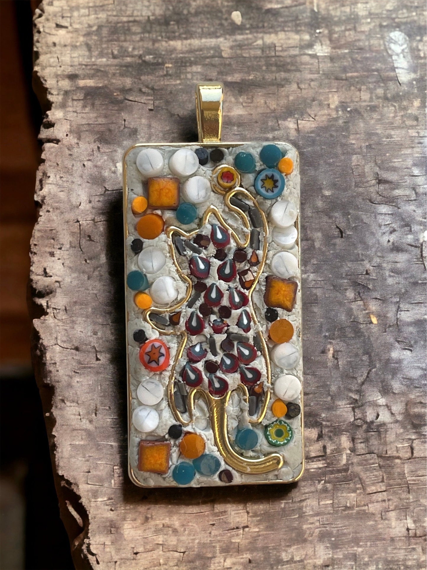 Handmade mixed material micro mosaic cat necklace - made from hand cut millefiori glass and tiles