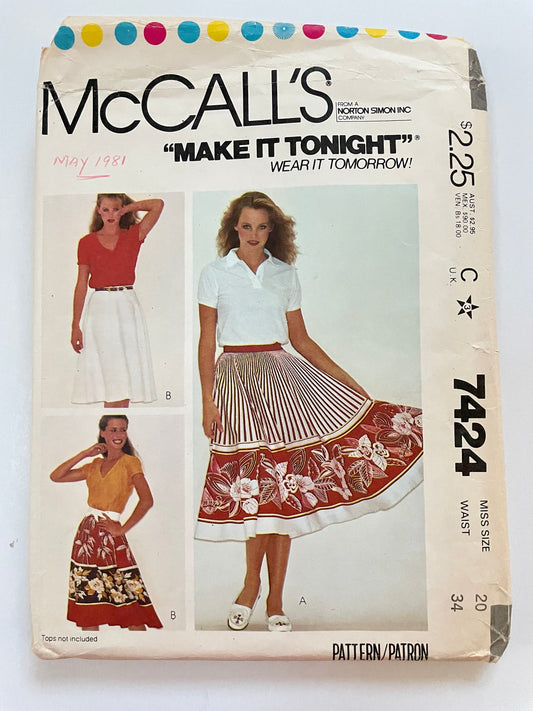 VERY RARE UNCUT vintage 1980’s Sewing Pattern - McCall's 7424 Misses' Circular Skirt, Semi-circular Skirt - Size 20