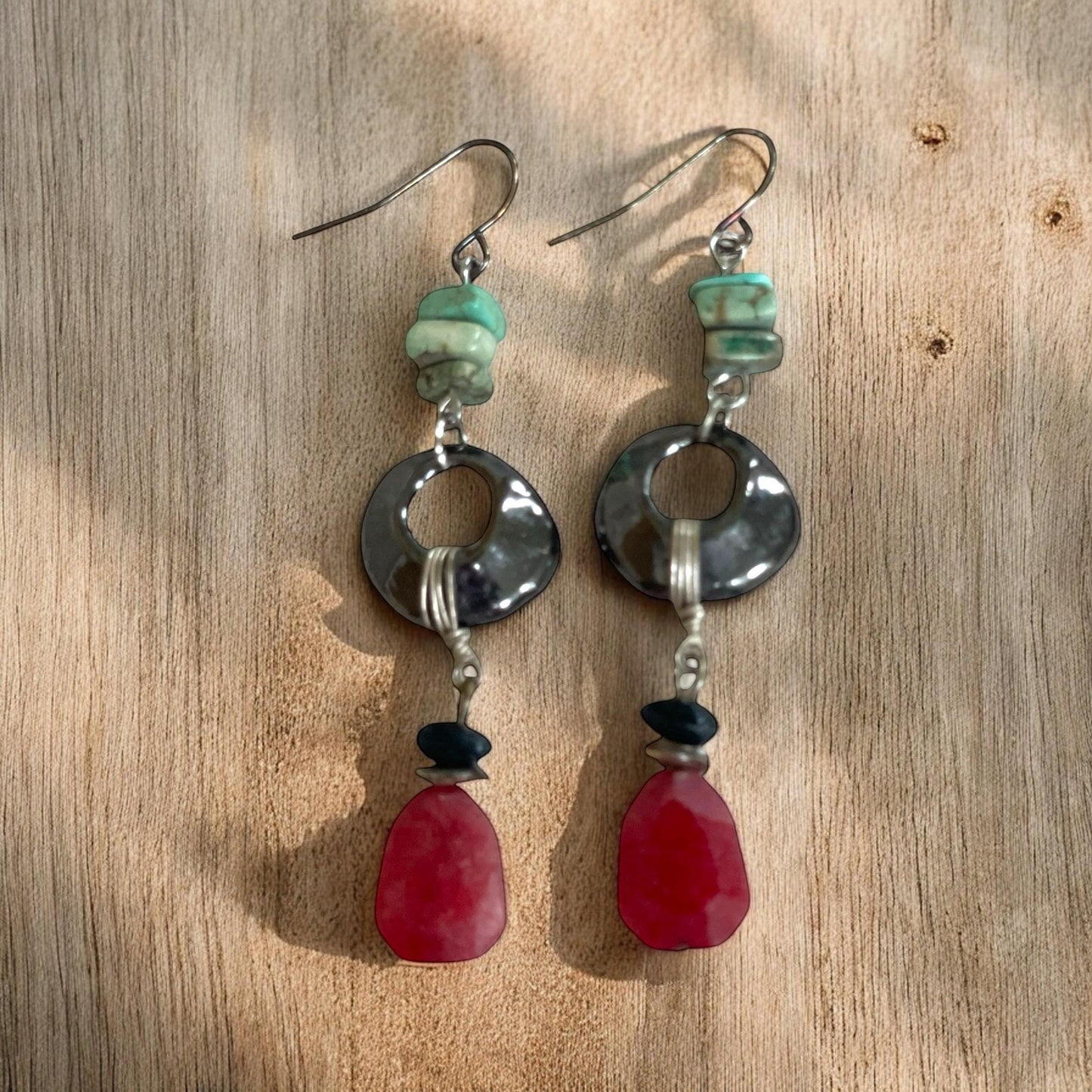 Turquoise Chip Dangle Earrings – Upcycled Metal Hoops with wrapped wire and reddish orange Drops, Boho Handmade Jewelry, Gift for Her