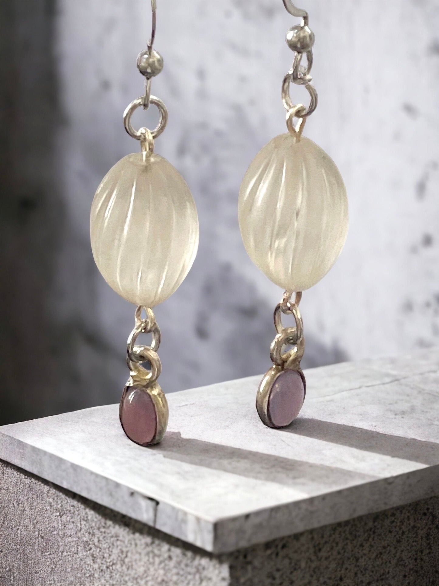 Long dangle earrings made of both new and vintage components - swirled frosted white with lavender dangles