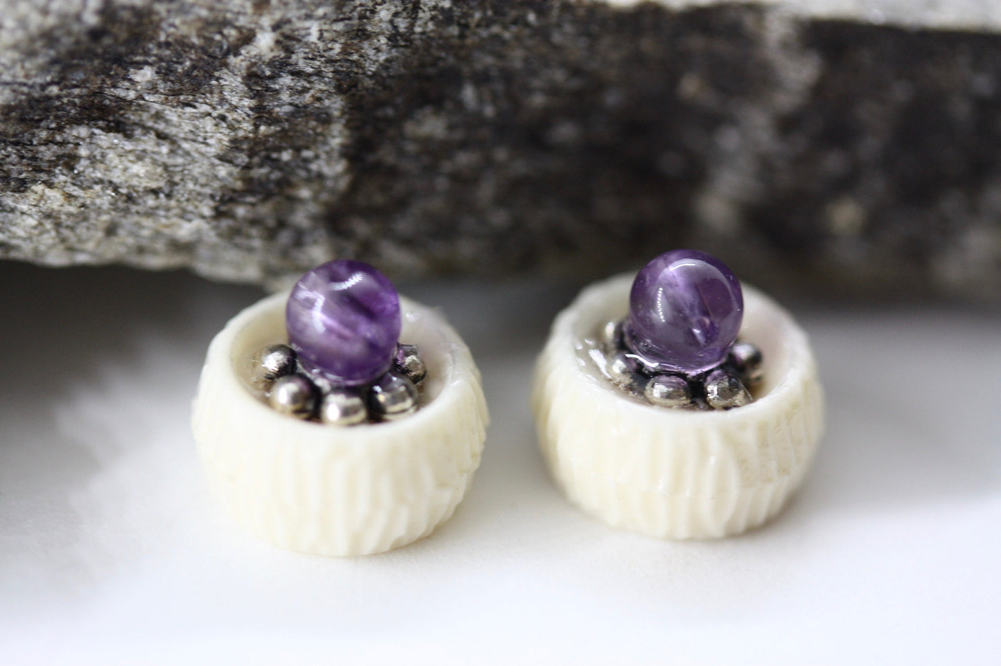 Tiny barely-there purple amethyst in silvertone minimalist stud earrings