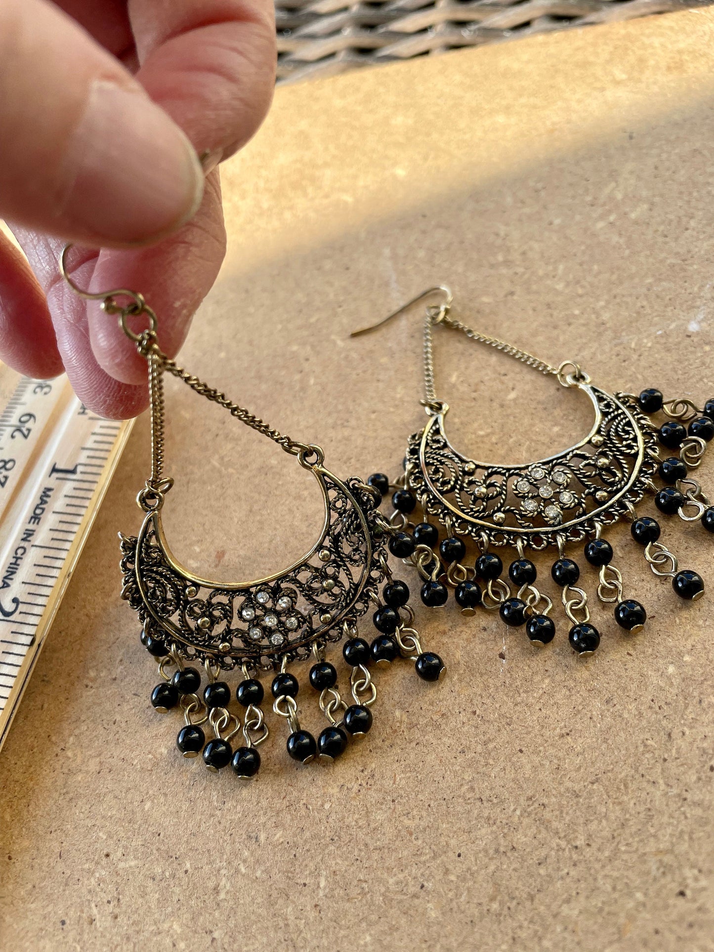 Vintage chandelier earrings with rhinestones and black dangles
