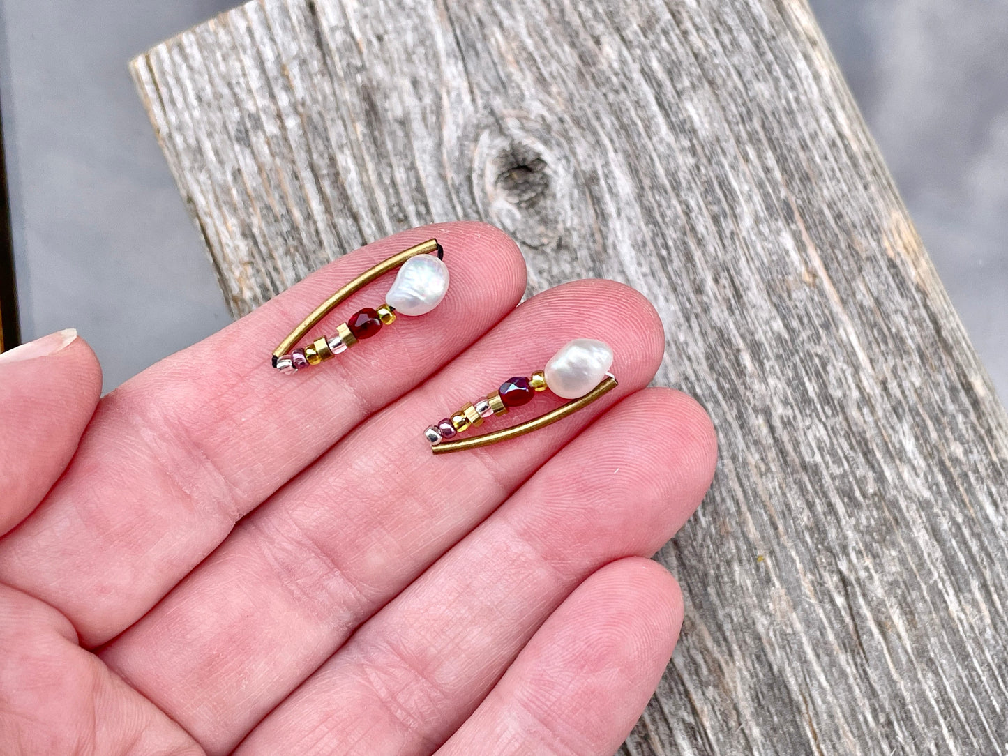 Unique mixed material handmade sterling silver stud earrings - baroque pearls, glass, metal, Japanese seed beads