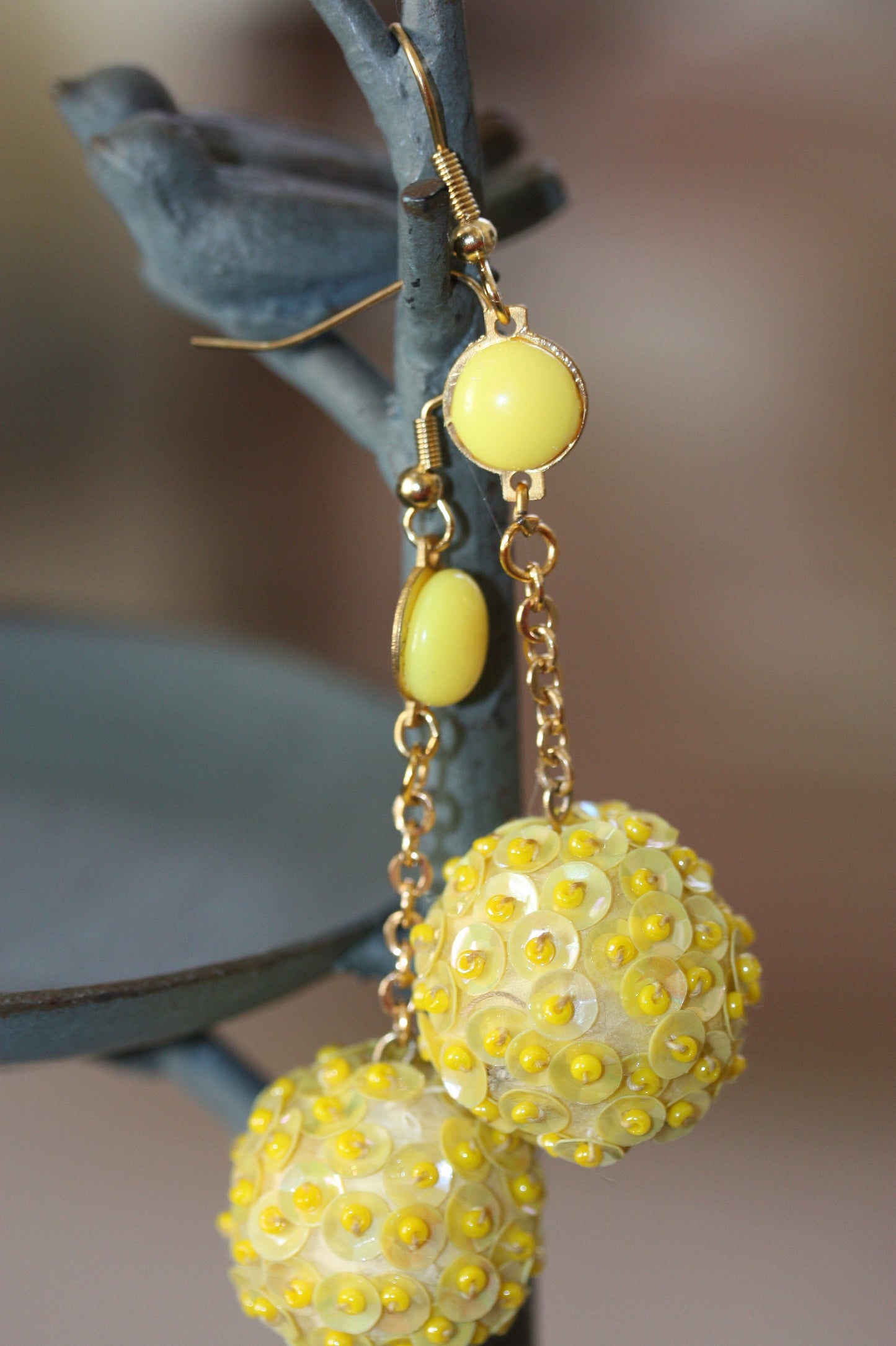 Upcycled yellow sequined ball drop earrings