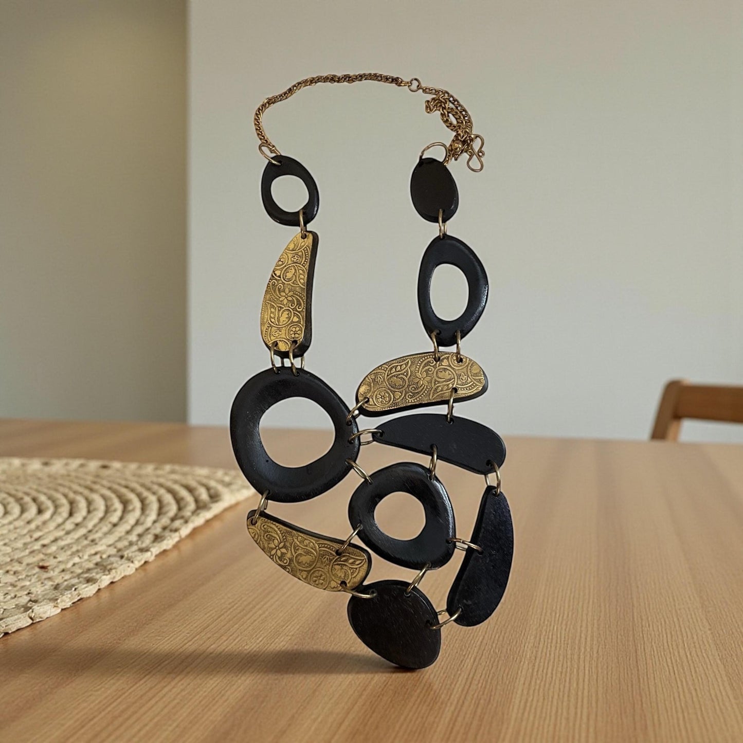 Vintage Wood Statement Necklace | Large Mixed Wood and Brass Tone Links | Boho Artisan Style Necklace | Chunky Wood Jewelry