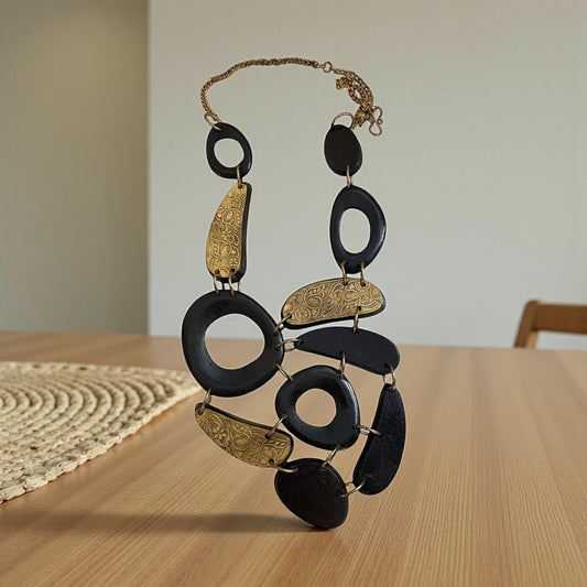 Vintage Wood Statement Necklace | Large Mixed Wood and Brass Tone Links | Boho Artisan Style Necklace | Chunky Wood Jewelry