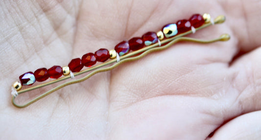Hand beaded all crystal glass cranberry red hair pins