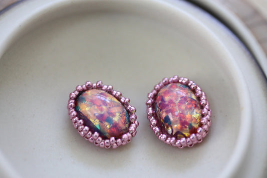 Shades of pink faux fire opal beadwork stud earrings - original beadwork around vintage foiled opalescent glass center