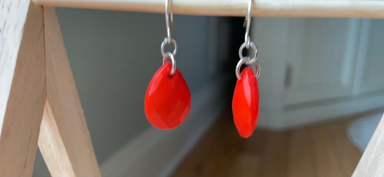Simple upcycled orangish red teardrop dangle earrings