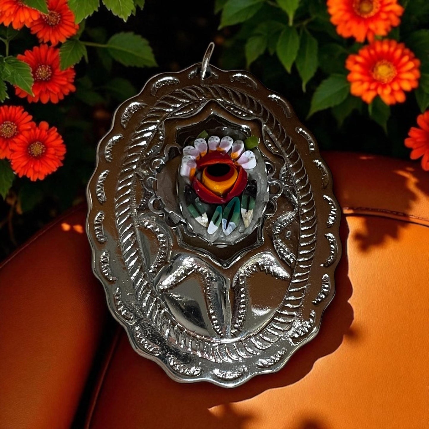 Unique necklace - handmade murrini glass micro mosaic on etched vintage silver tone scalloped edged metal pendant -comes with matching chain