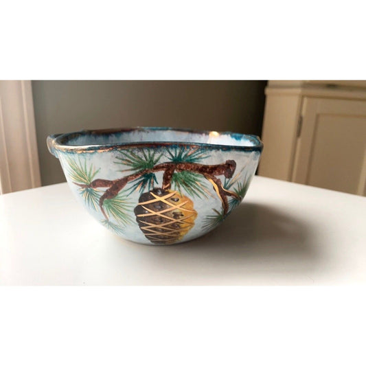 Italian bowl - mcm hand painted redware enamel - with pine cones and gold decor - Vintage, signed and numbered